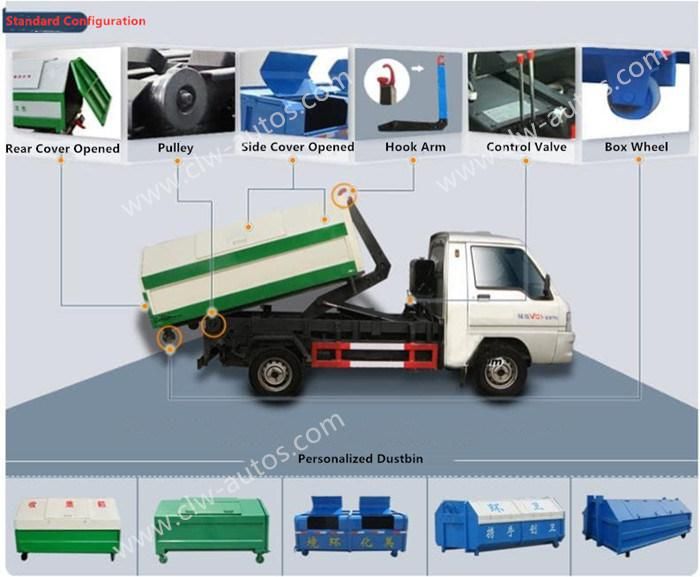 Foton 4m3 Small Hook Lift Garbage Truck Gasoline with Detachable Hopper