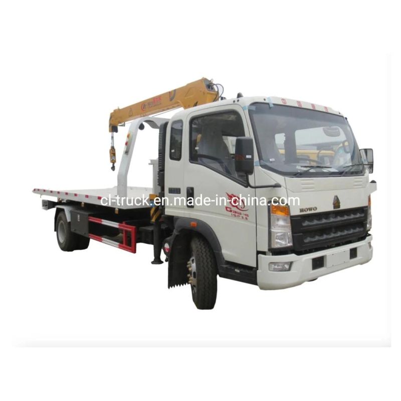 China Sinotruk HOWO 4X2 6 Wheels Flat Bed Wrecker Towing Recovery Lift a Car by Remote Control Folding Arm Crane Tow Truck