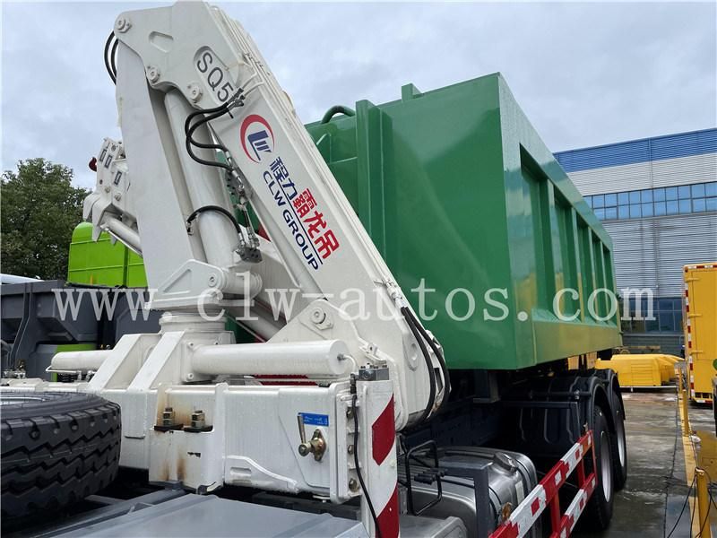 Sinotruk HOWO 8X4 LHD Hydraulic Hooklift Garbage Truck with 18-20cbm Garbage Container with 5 Tons Folded Arm Crane